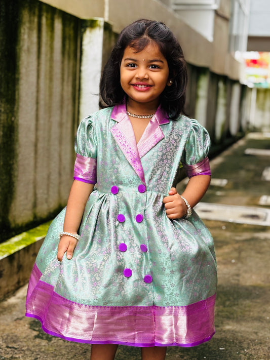 Mint Green & Lavender Kanchipuram Silk Kids Gown with Jacket Style