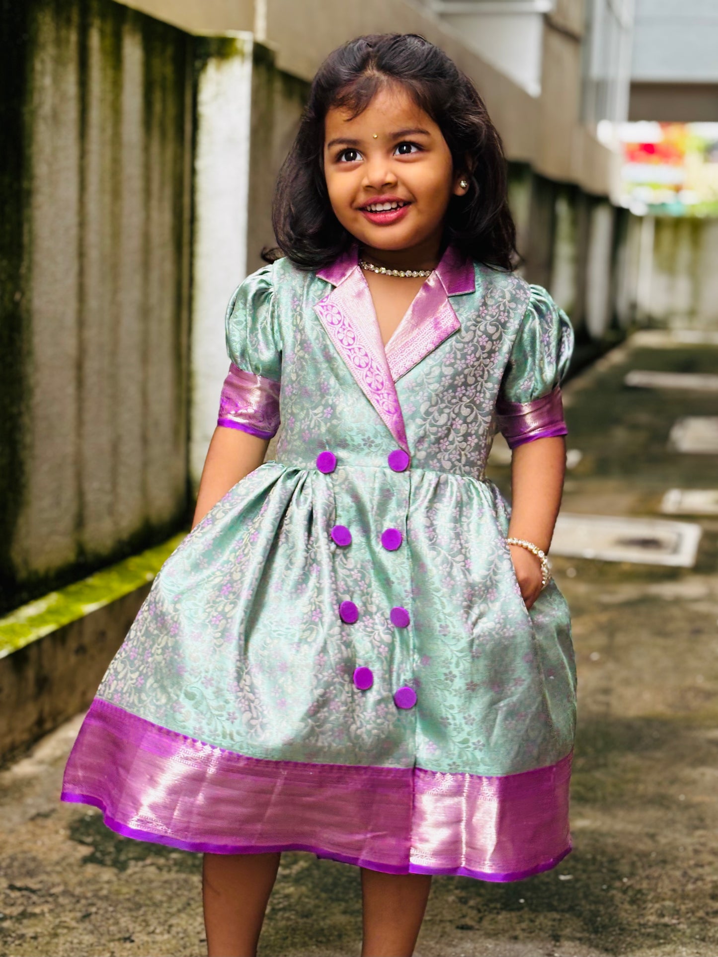 Mint Green & Lavender Kanchipuram Silk Kids Gown with Jacket Style