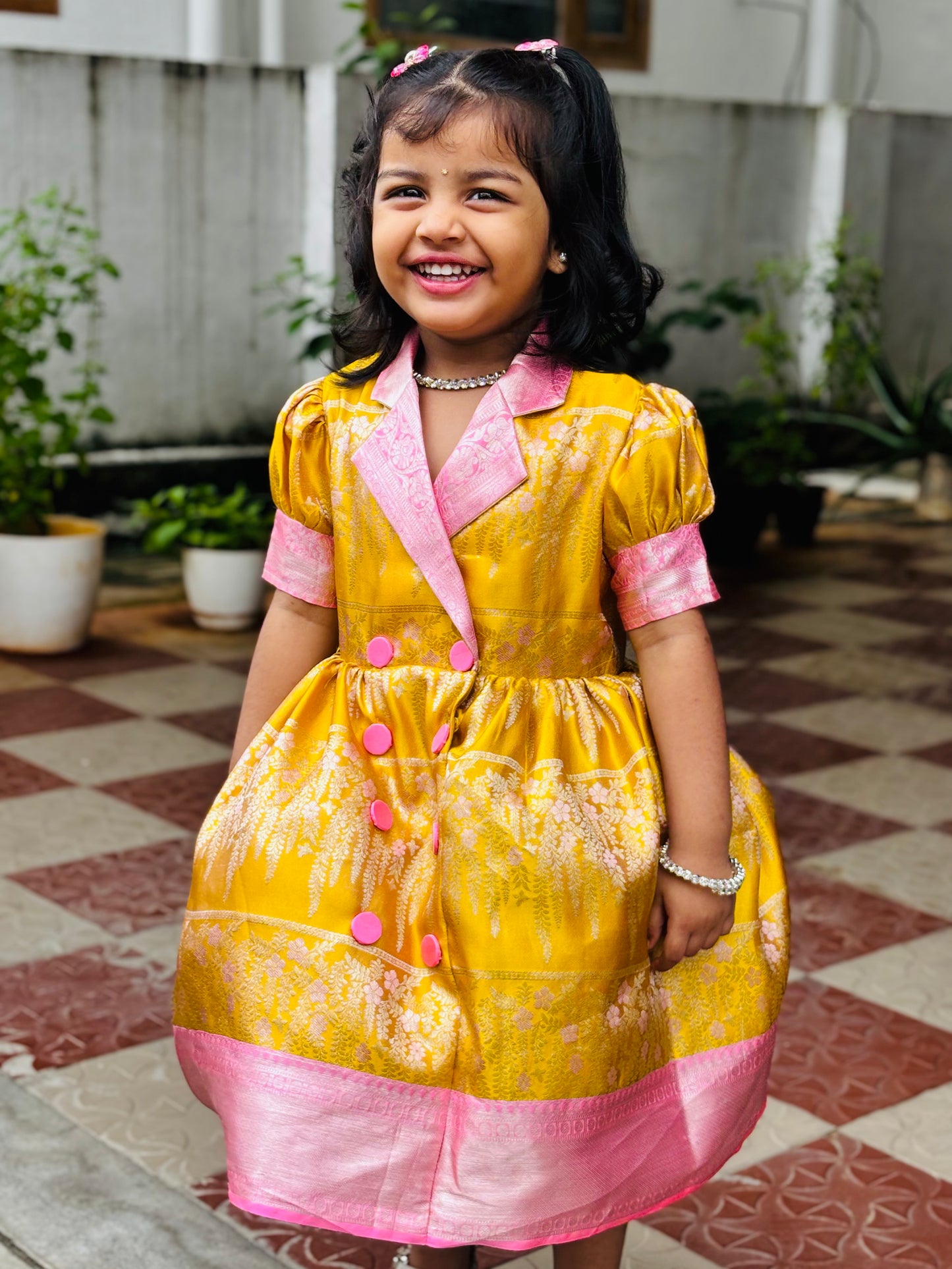 Sunshine Yellow & Pink Kanchipuram Silk Kids Gown with Jacket Style