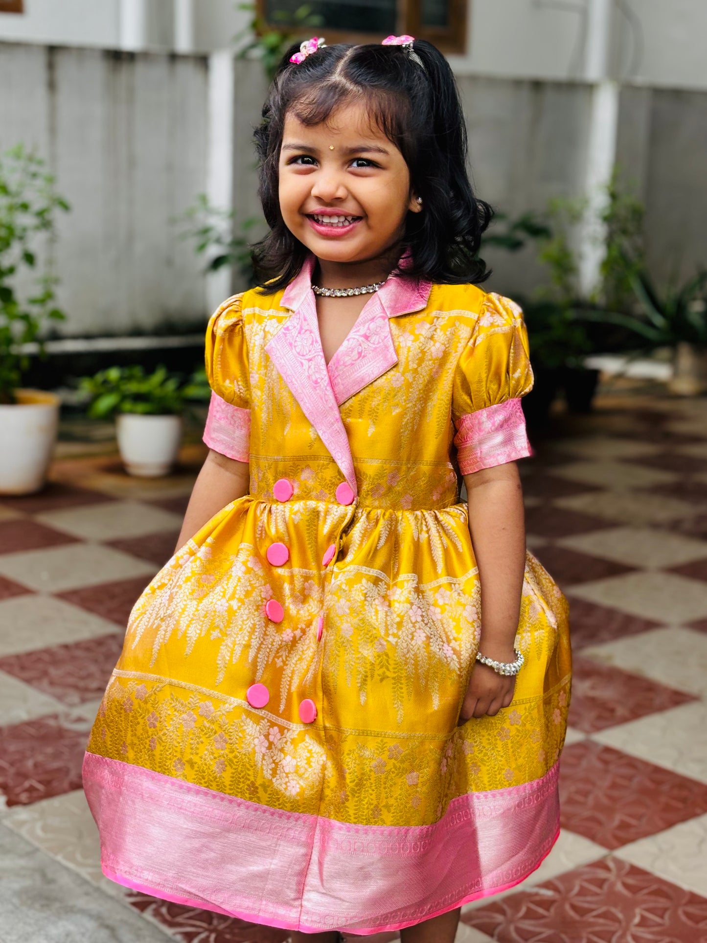Sunshine Yellow & Pink Kanchipuram Silk Kids Gown with Jacket Style