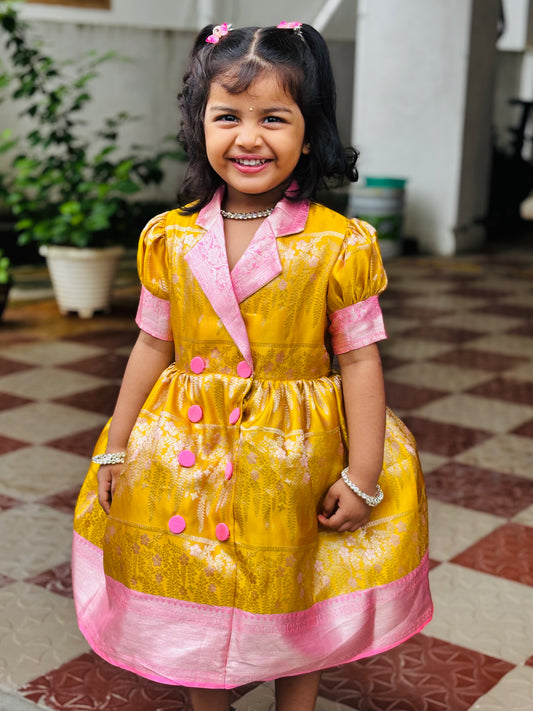 Sunshine Yellow & Pink Kanchipuram Silk Kids Gown with Jacket Style