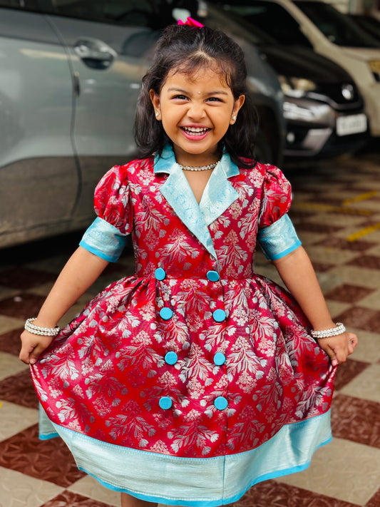 Crimson Red & Aqua Blue Kanchipuram Silk Kids Gown with Jacket Styling