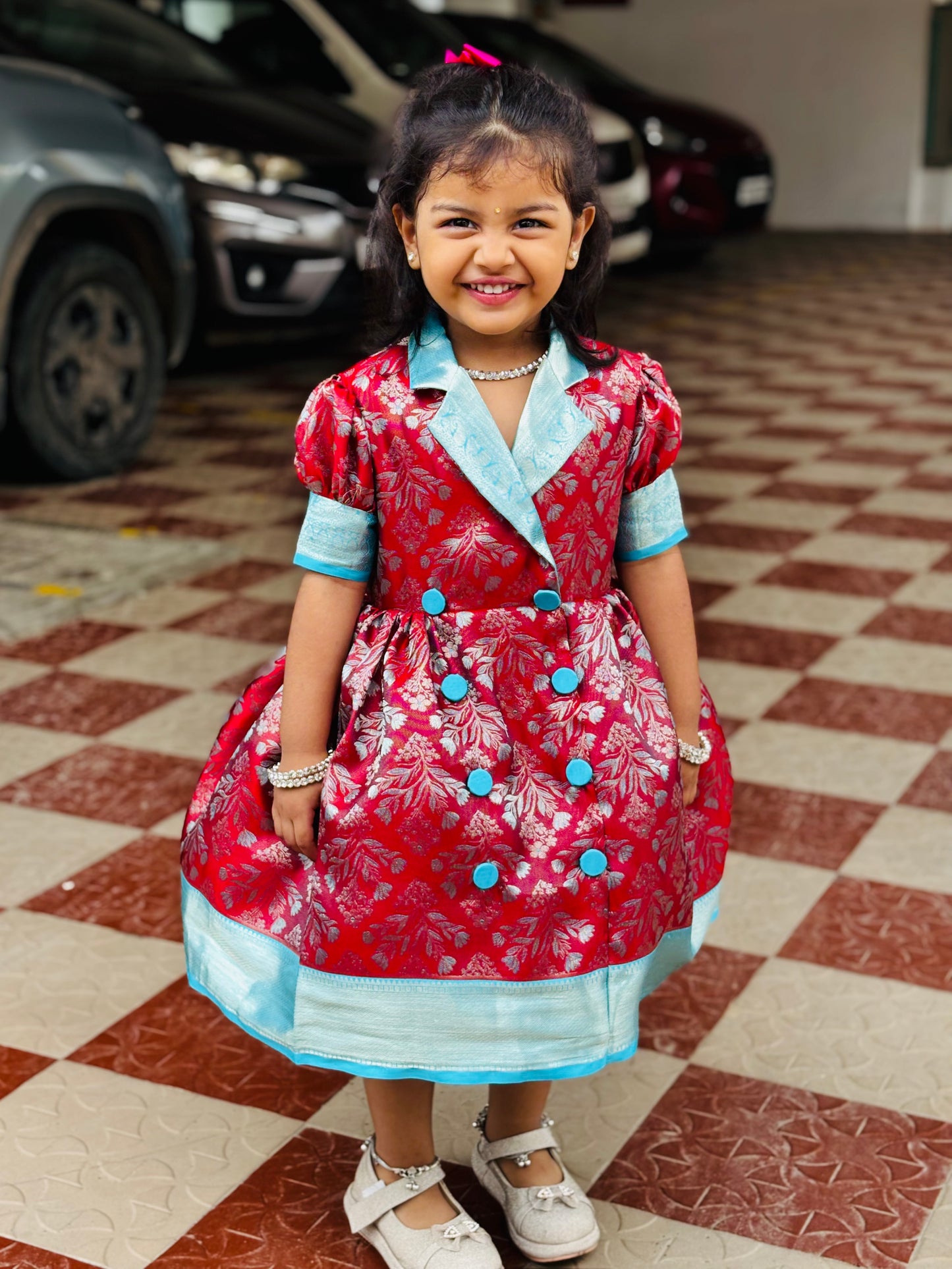 Crimson Red & Aqua Blue Kanchipuram Silk Kids Gown with Jacket Styling