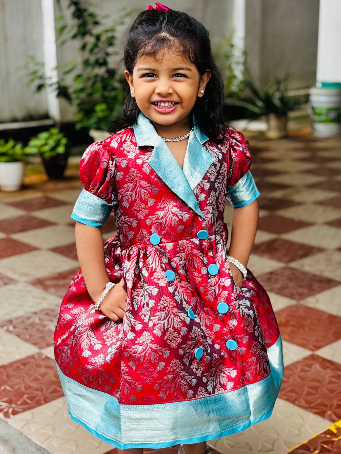 Crimson Red & Aqua Blue Kanchipuram Silk Kids Gown with Jacket Styling