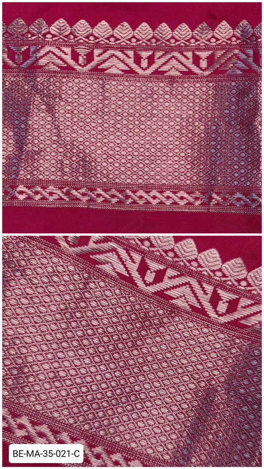 Pure Kanchipuram Silk Zari Border – Maroon with Silver Geometric & Leaf Motifs (Per Meter)