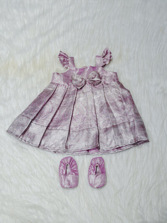 Lavender Silver Brocade Newborn Girl Gown with Booties
