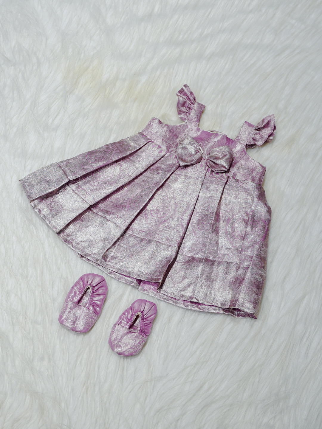 Lavender Silver Brocade Newborn Girl Gown with Booties