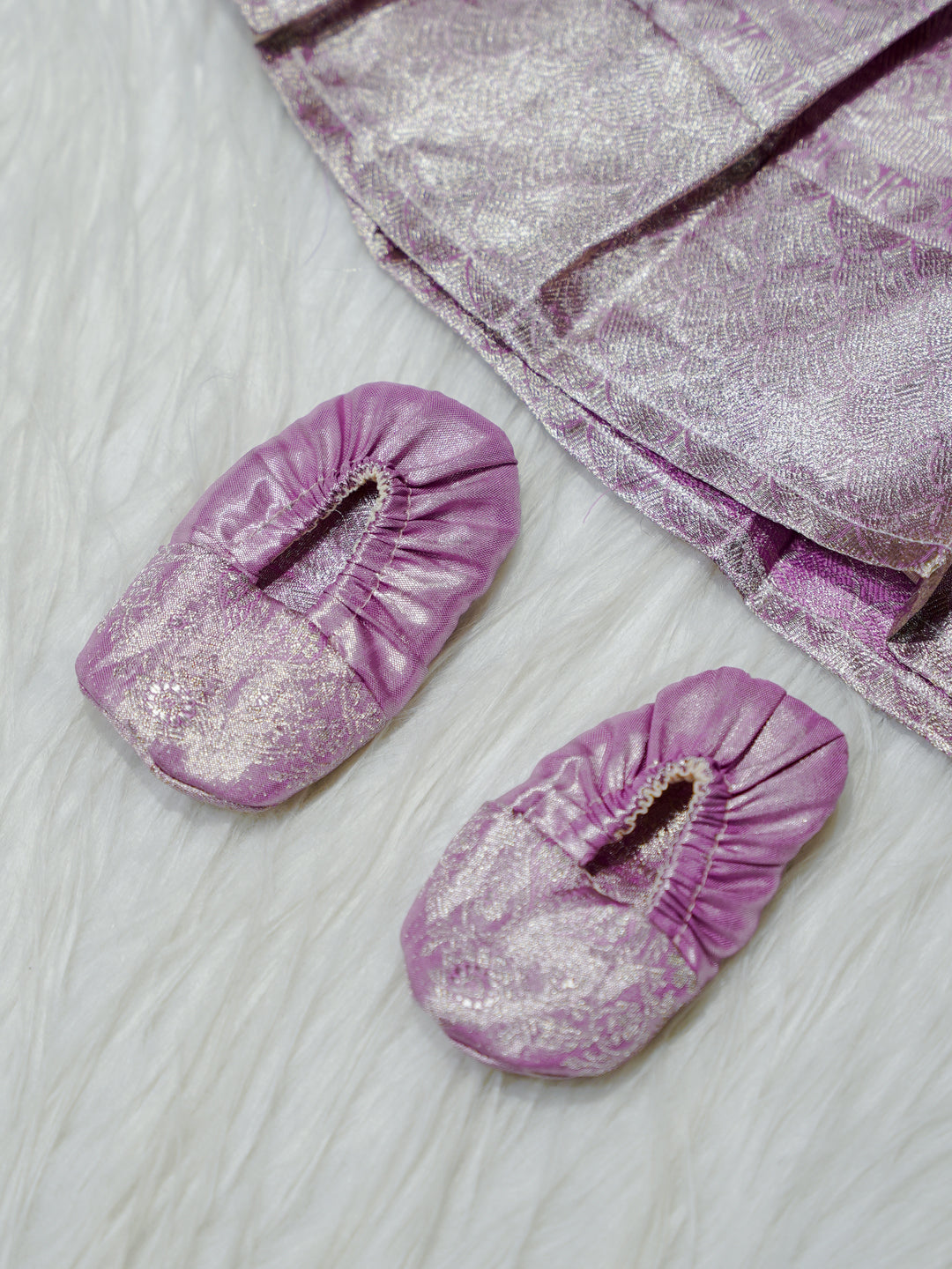 Lavender Silver Brocade Newborn Girl Gown with Booties