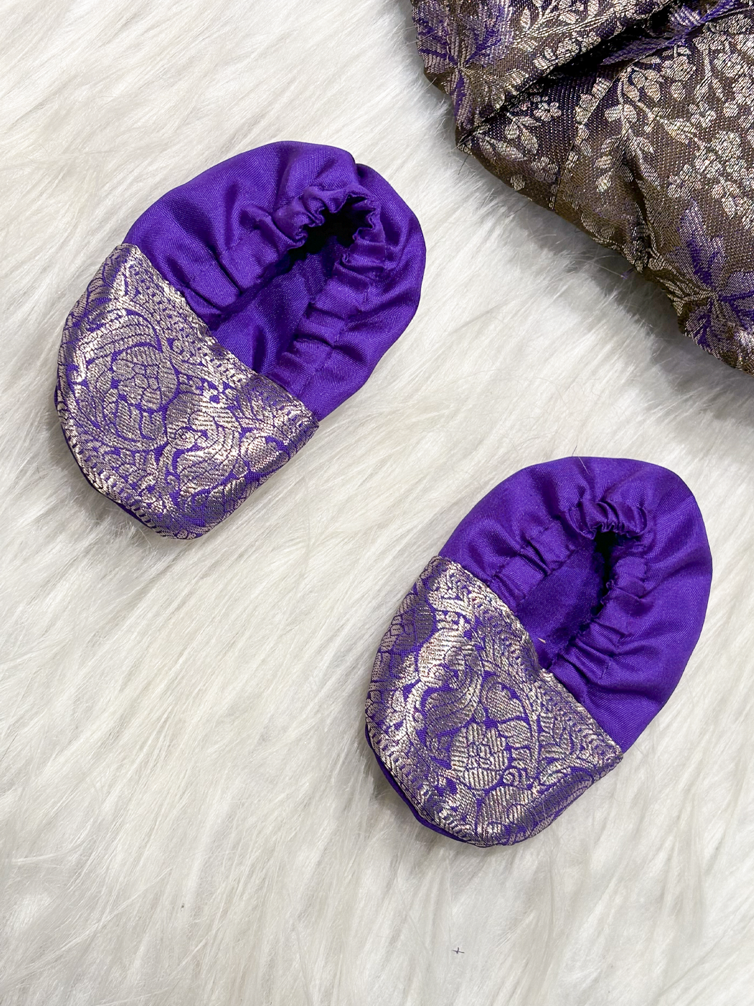 Purple & Silver Kanchipuram Silk Newborn Girl Romper Set