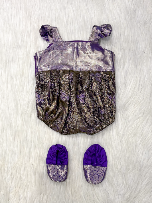 Purple & Silver Kanchipuram Silk Newborn Girl Romper Set