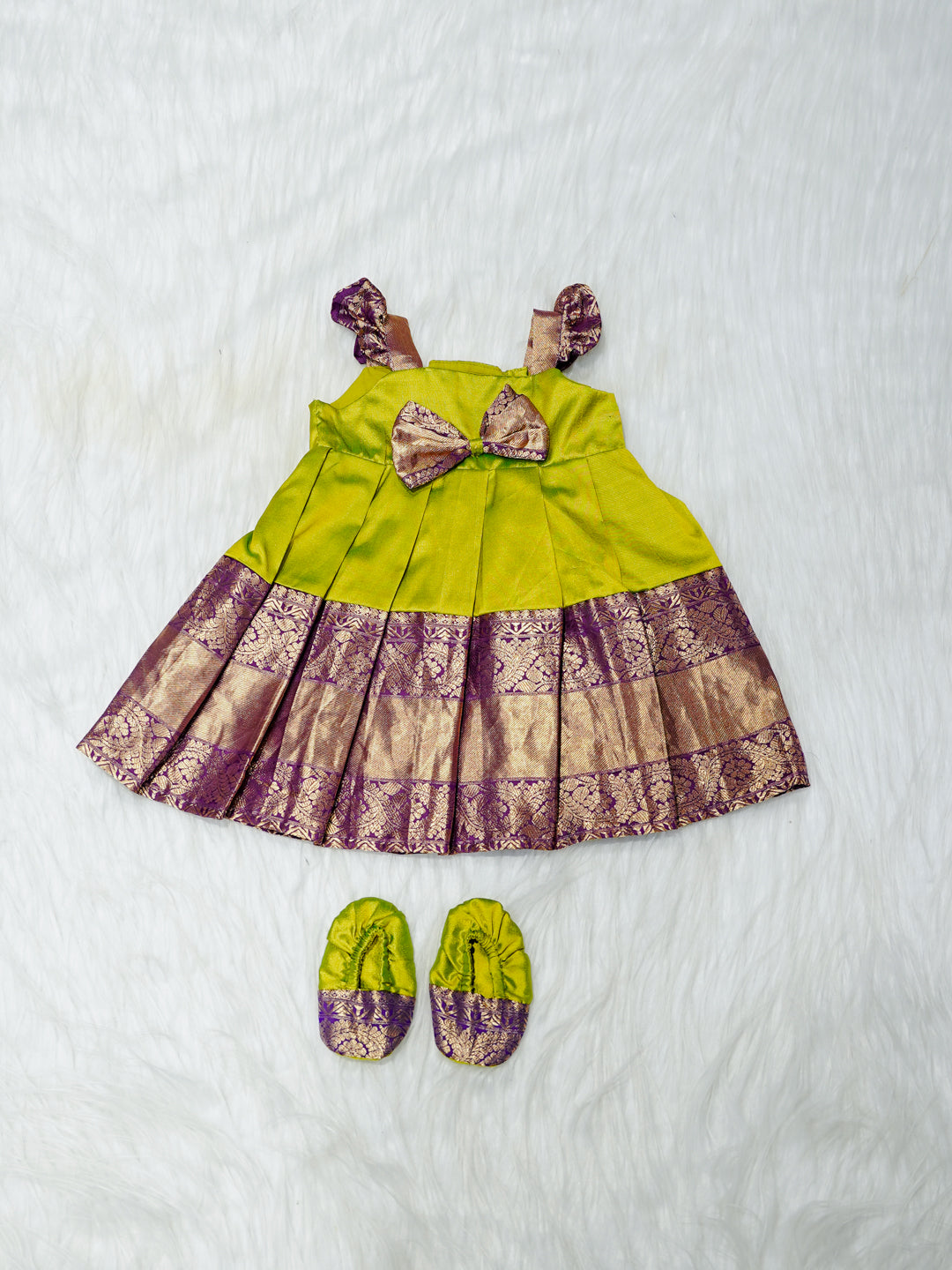 Lime Green & Mauve Brocade Newborn Girl Gown with Booties