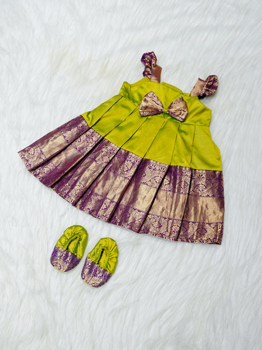 Lime Green & Mauve Brocade Newborn Girl Gown with Booties
