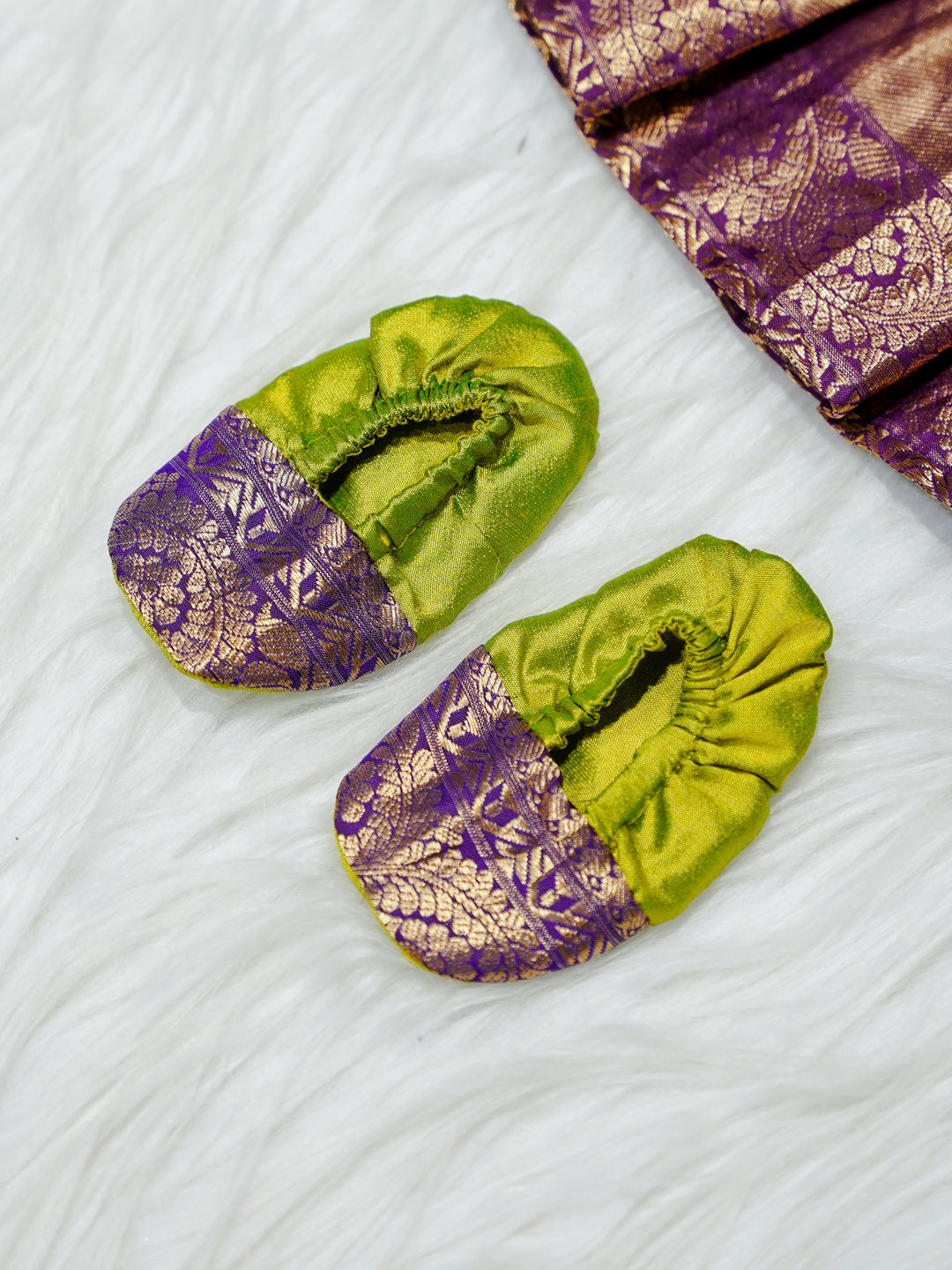 Lime Green & Mauve Brocade Newborn Girl Gown with Booties