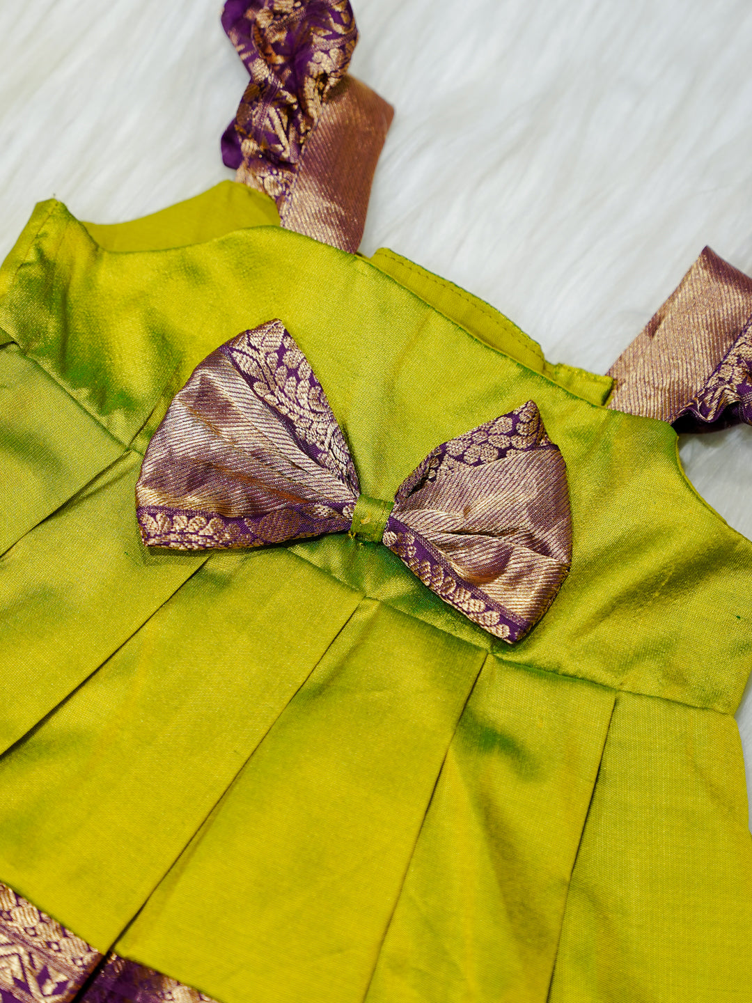 Lime Green & Mauve Brocade Newborn Girl Gown with Booties