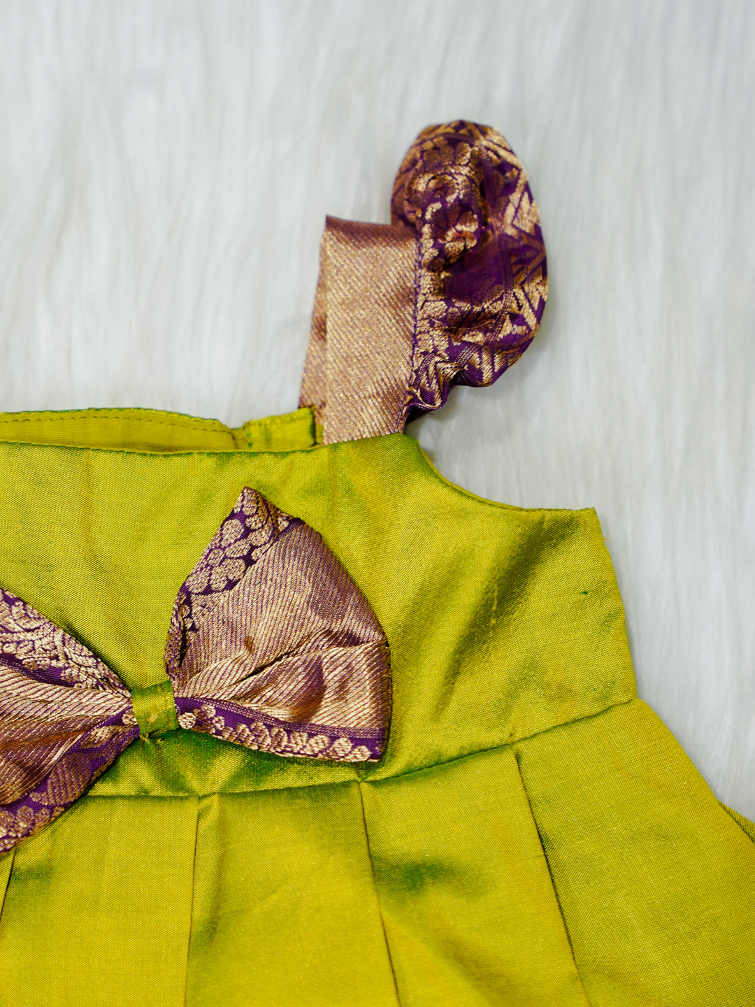 Lime Green & Mauve Brocade Newborn Girl Gown with Booties