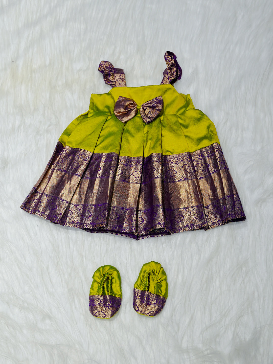 Lime Green & Purple Brocade Newborn Girl Gown with Booties