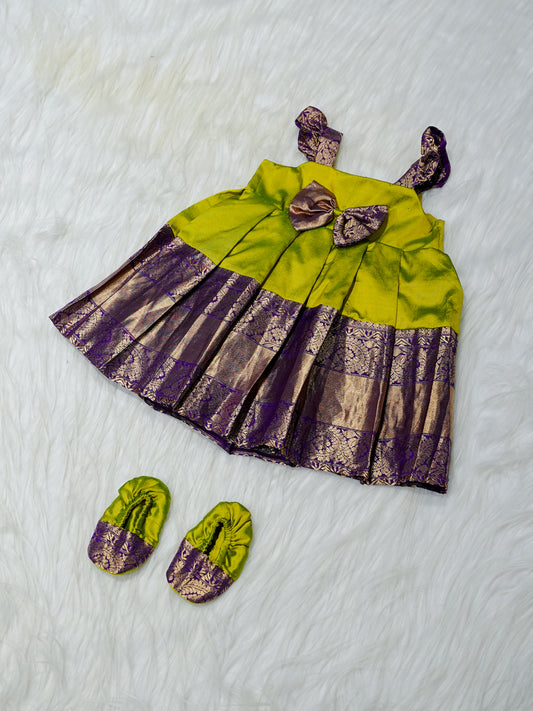 Lime Green & Purple Brocade Newborn Girl Gown with Booties