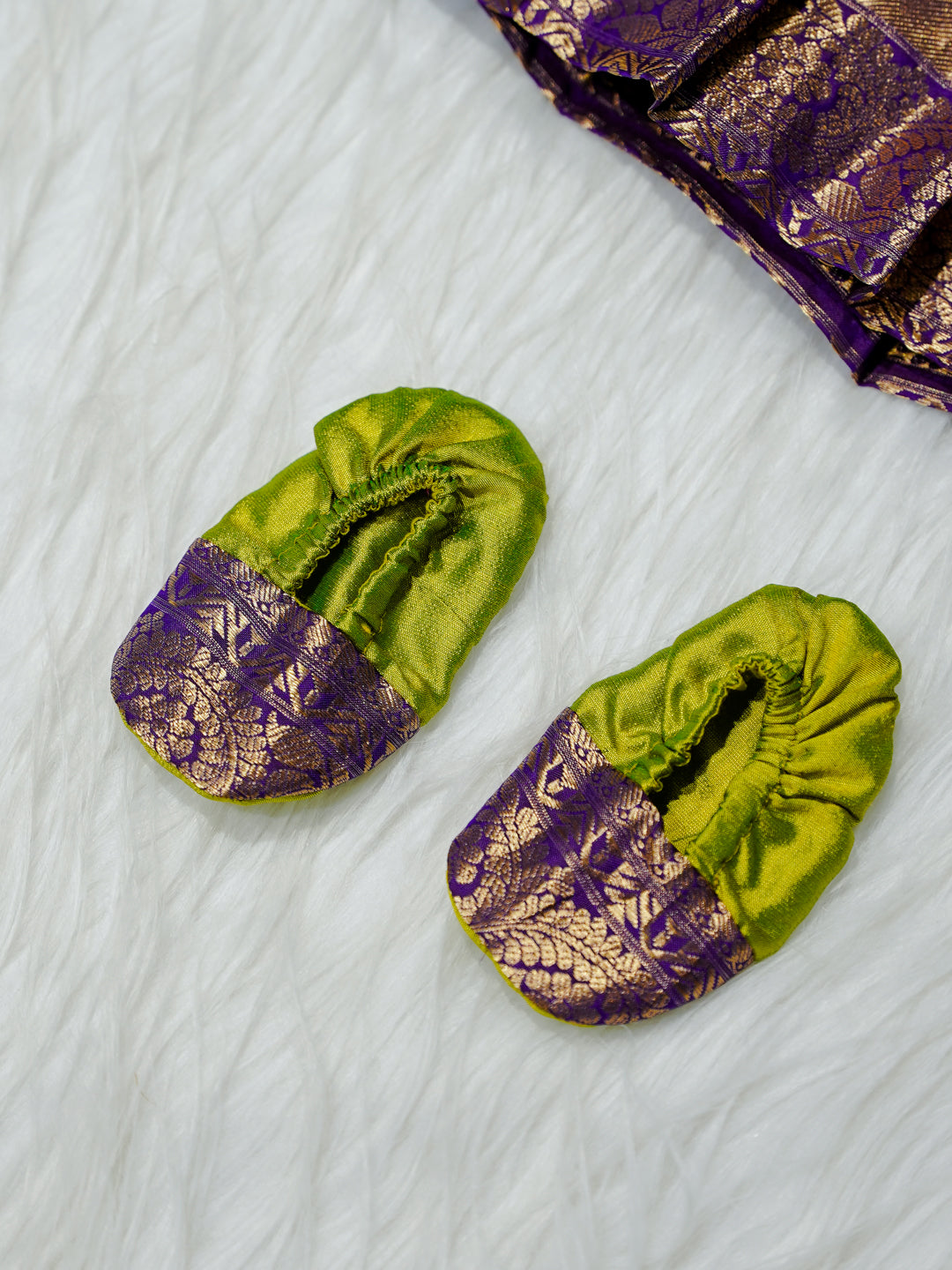 Lime Green & Purple Brocade Newborn Girl Gown with Booties