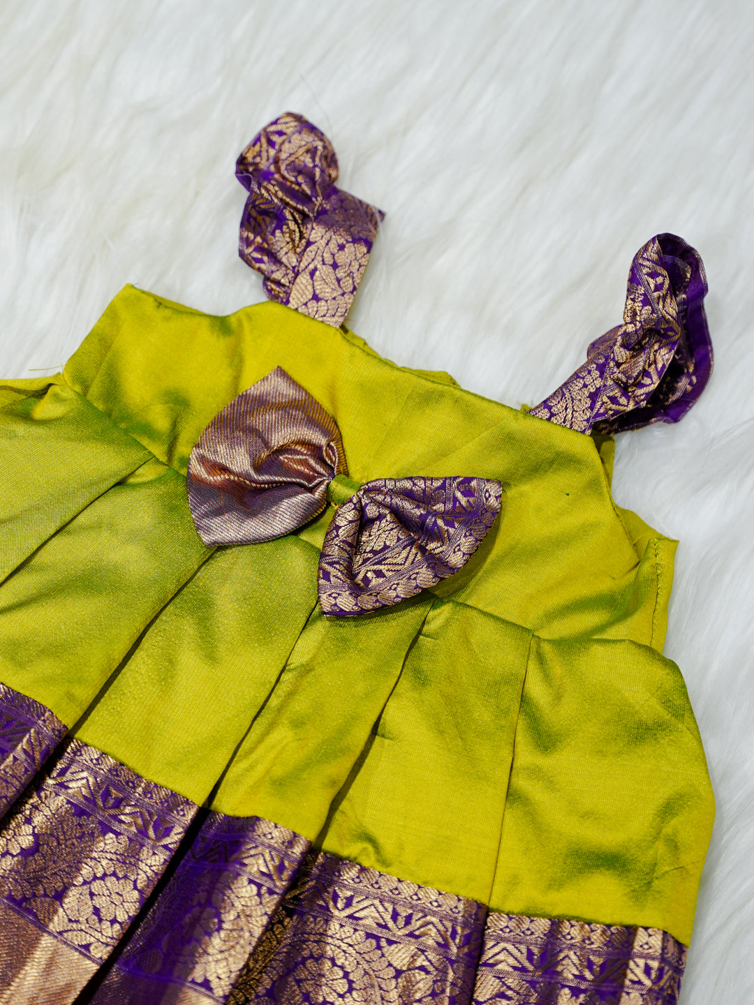 Lime Green & Purple Brocade Newborn Girl Gown with Booties