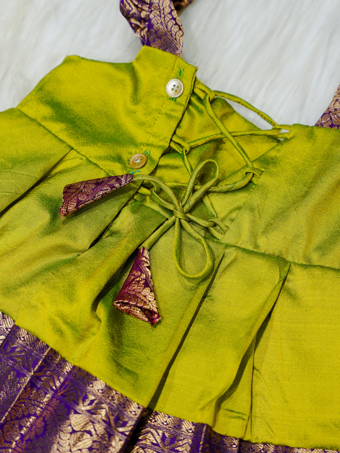 Lime Green & Purple Brocade Newborn Girl Gown with Booties