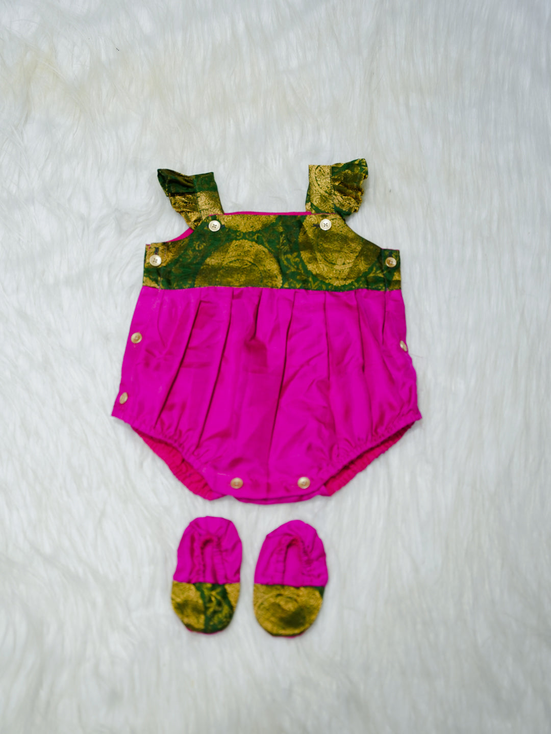 Magenta & Emerald Brocade Newborn Girl Bubble Romper with Booties