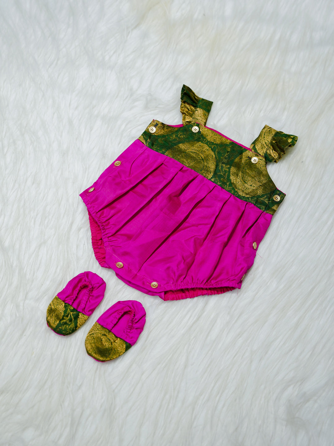 Magenta & Emerald Brocade Newborn Girl Bubble Romper with Booties