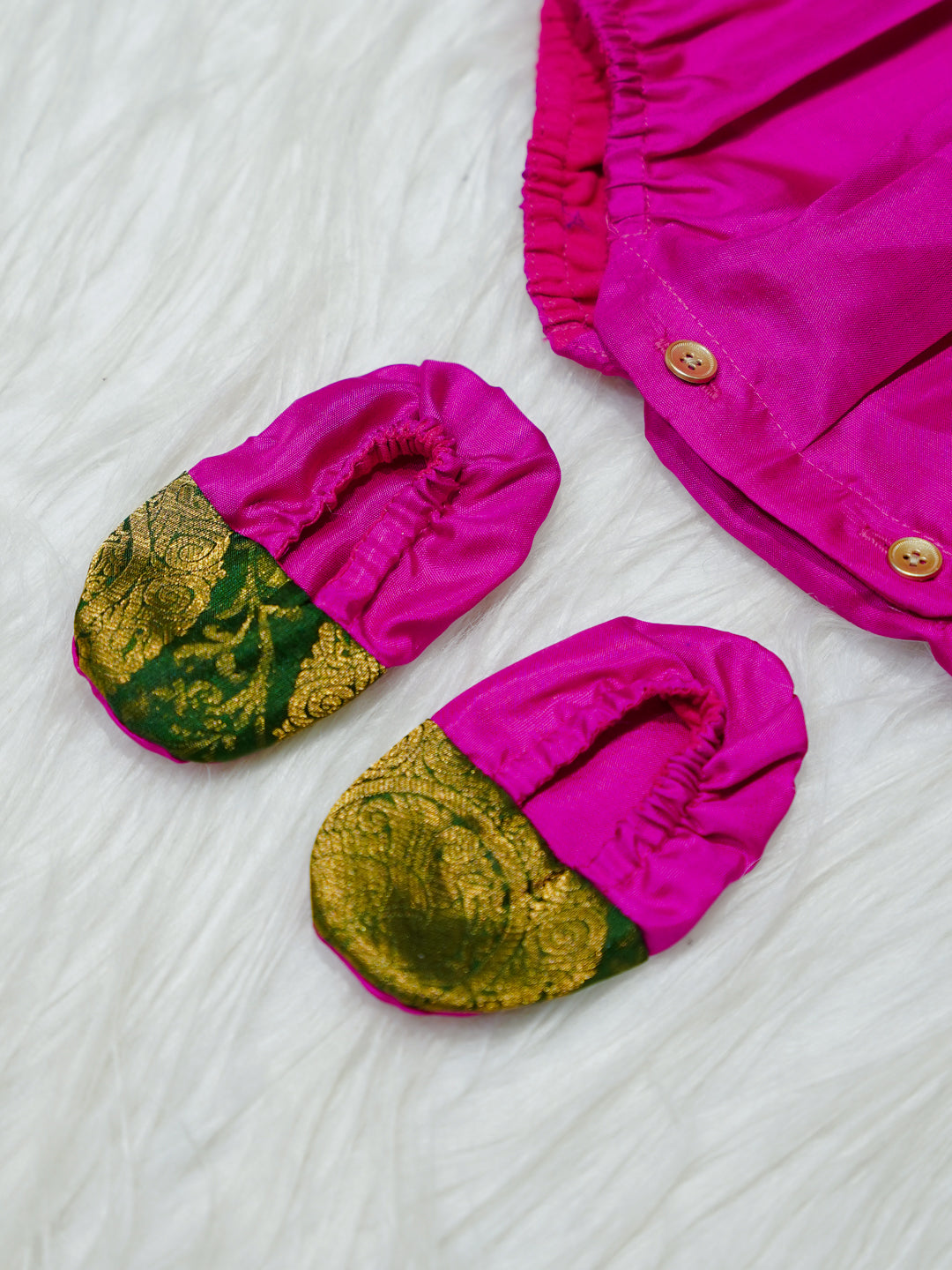 Magenta & Emerald Brocade Newborn Girl Bubble Romper with Booties