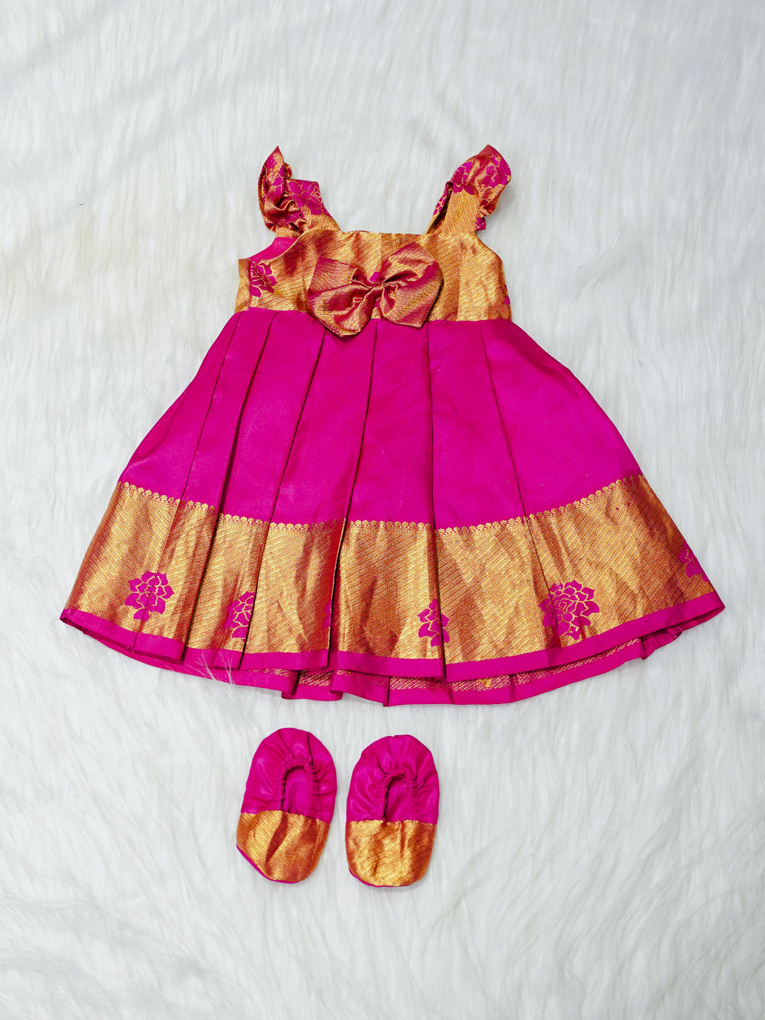 Magenta & Gold Silk Newborn Girl Gown with Booties