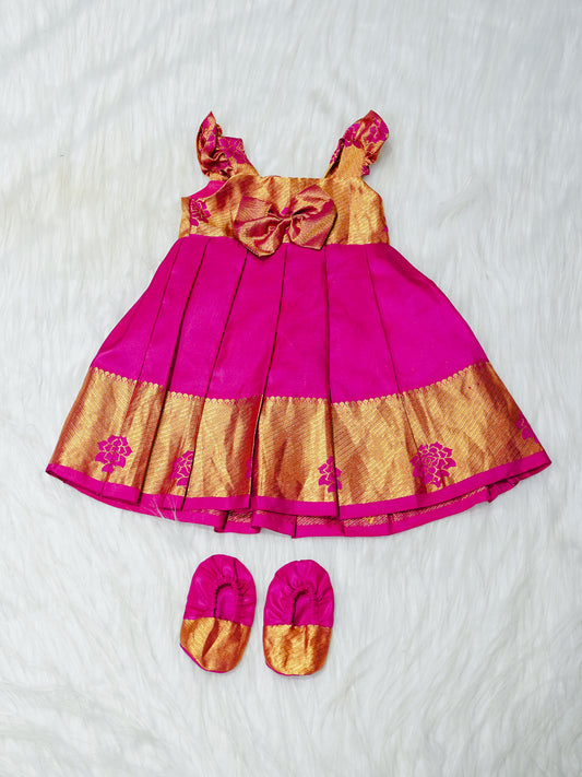 Magenta & Gold Silk Newborn Girl Gown with Booties