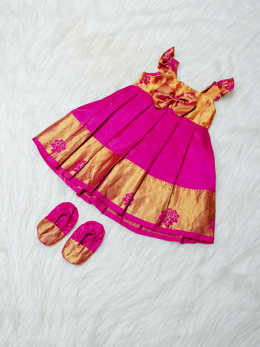 Magenta & Gold Silk Newborn Girl Gown with Booties