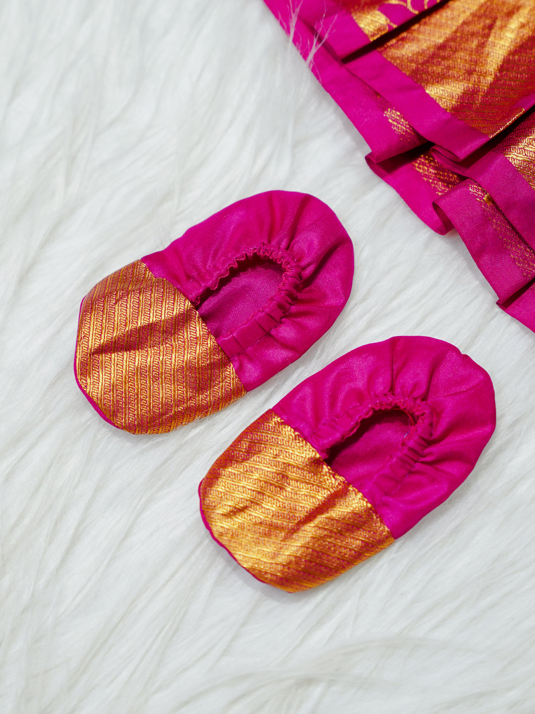 Magenta & Gold Silk Newborn Girl Gown with Booties