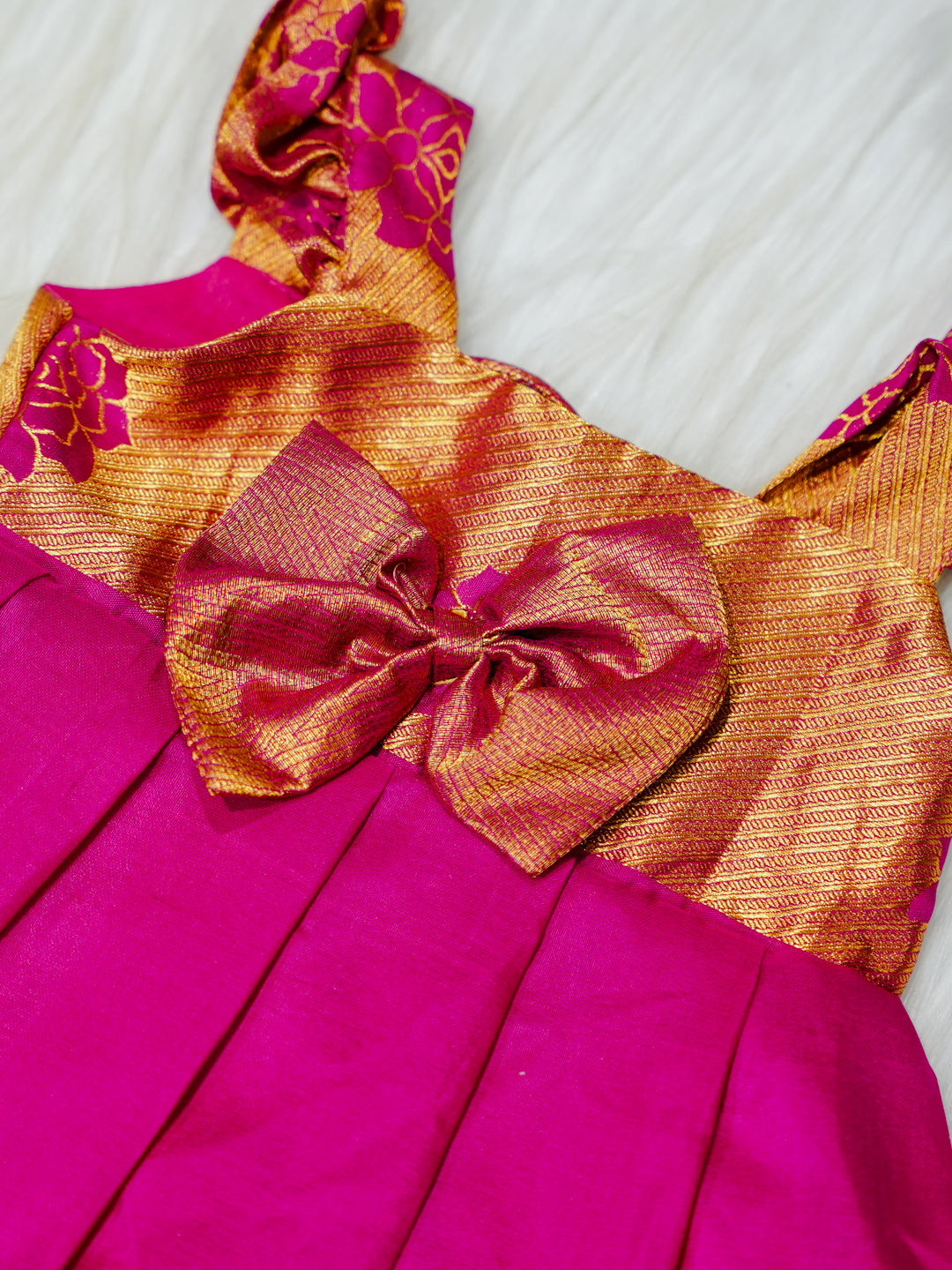 Magenta & Gold Silk Newborn Girl Gown with Booties