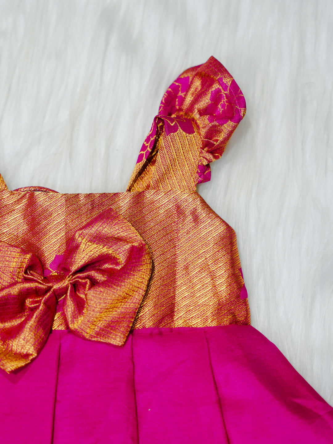Magenta & Gold Silk Newborn Girl Gown with Booties