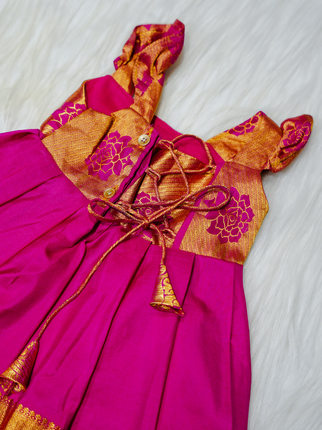 Magenta & Gold Silk Newborn Girl Gown with Booties