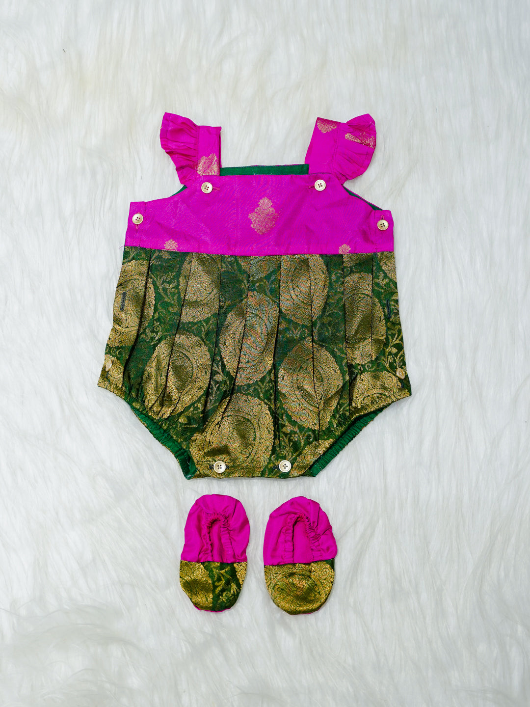 Magenta & Green Gold Brocade Newborn Girl Bubble Romper with Booties