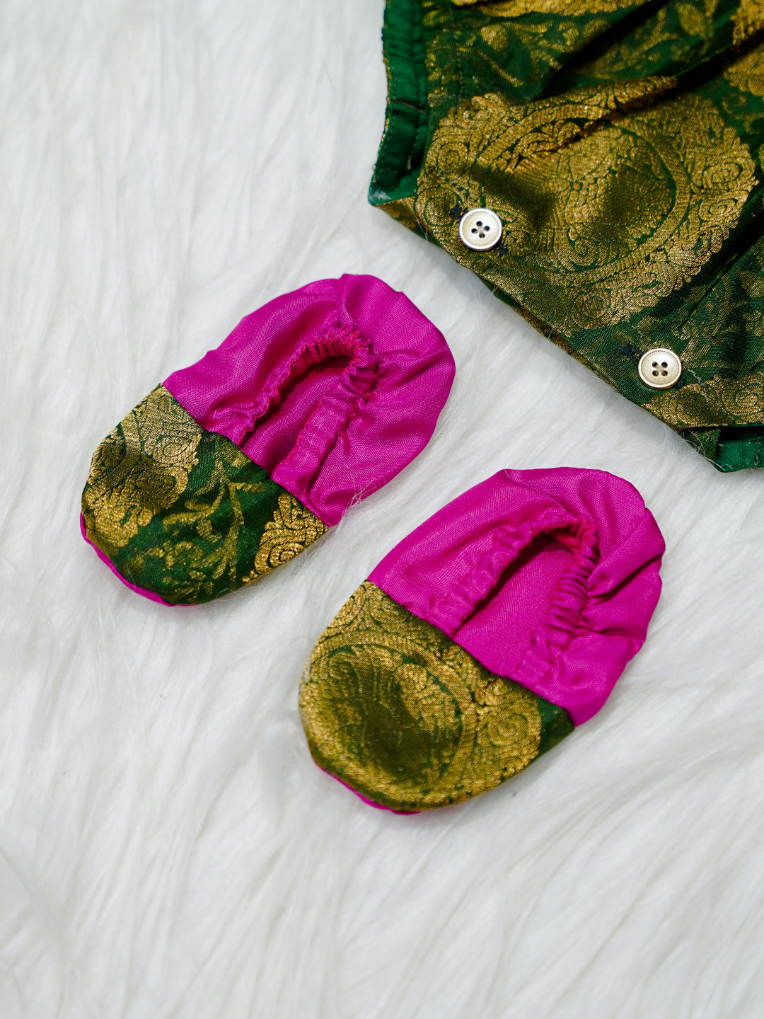 Magenta & Green Gold Brocade Newborn Girl Bubble Romper with Booties