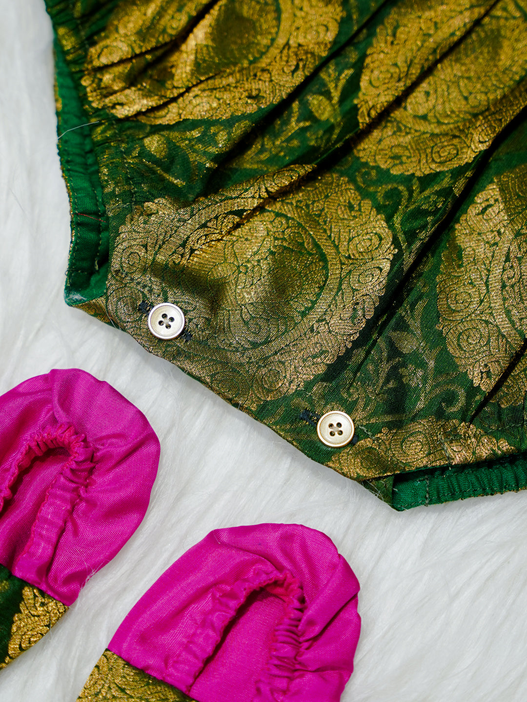 Magenta & Green Gold Brocade Newborn Girl Bubble Romper with Booties