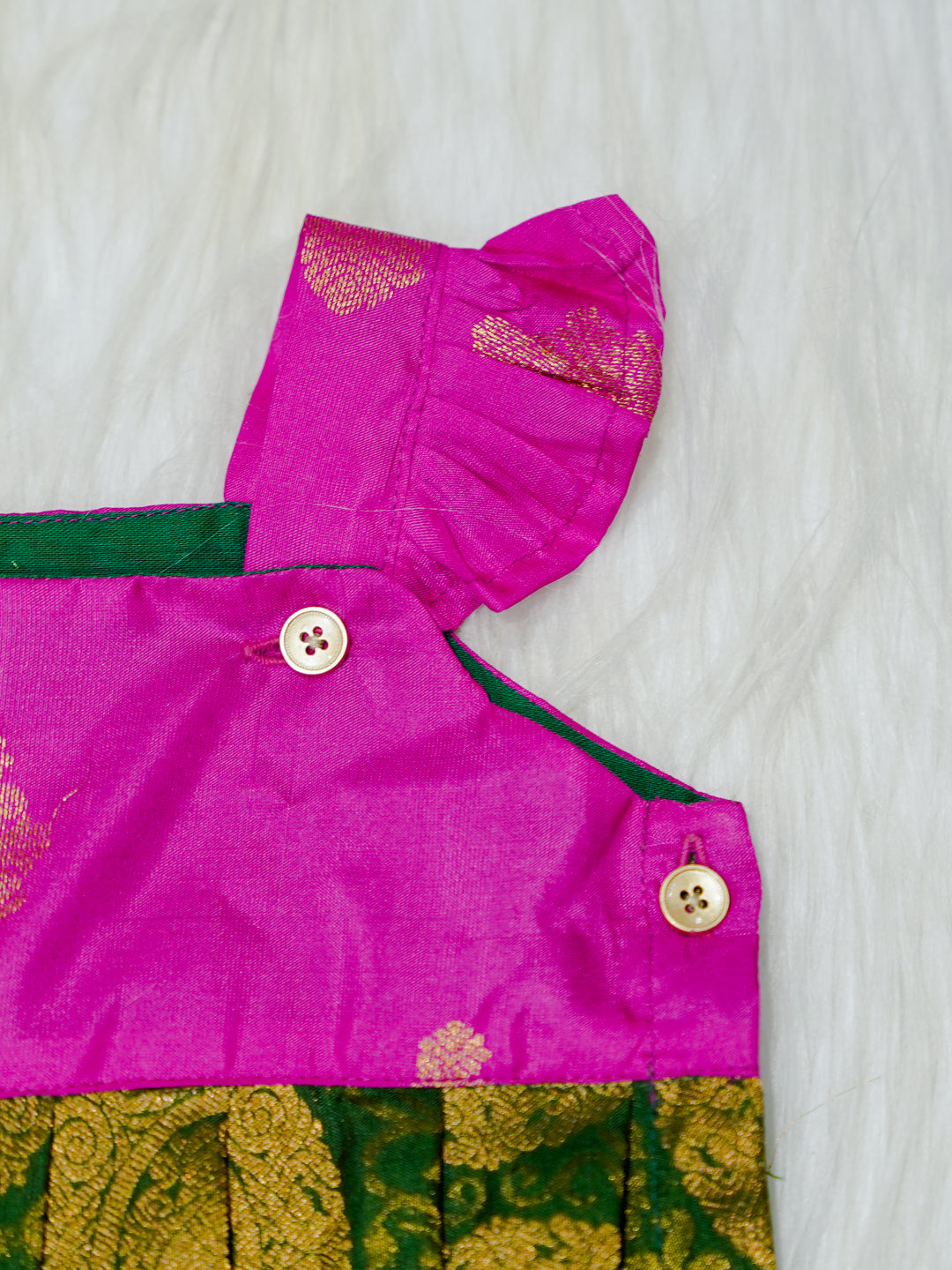 Magenta & Green Gold Brocade Newborn Girl Bubble Romper with Booties