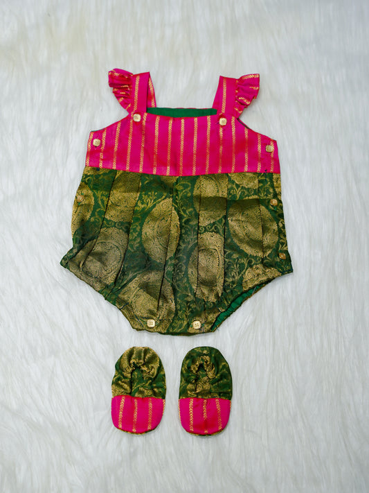 Magenta & Green Silk Newborn Girl Bubble Romper with Booties