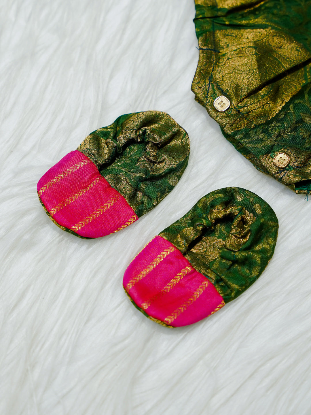 Magenta & Green Silk Newborn Girl Bubble Romper with Booties