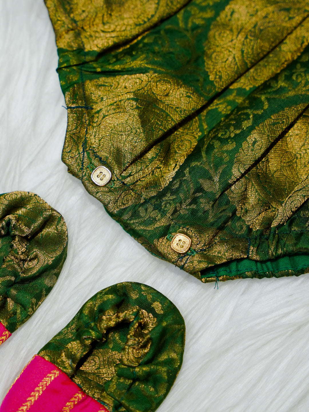 Magenta & Green Silk Newborn Girl Bubble Romper with Booties
