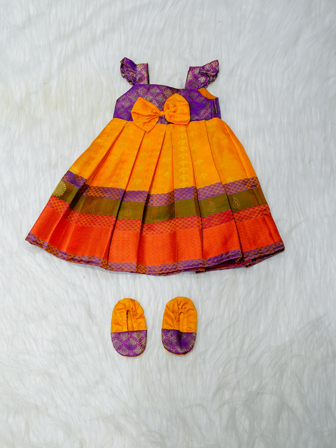 Mango & Purple Silk Newborn Girl Gown with Booties