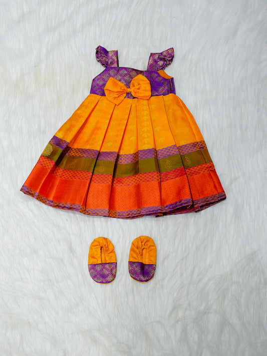 Mango & Purple Silk Newborn Girl Gown with Booties