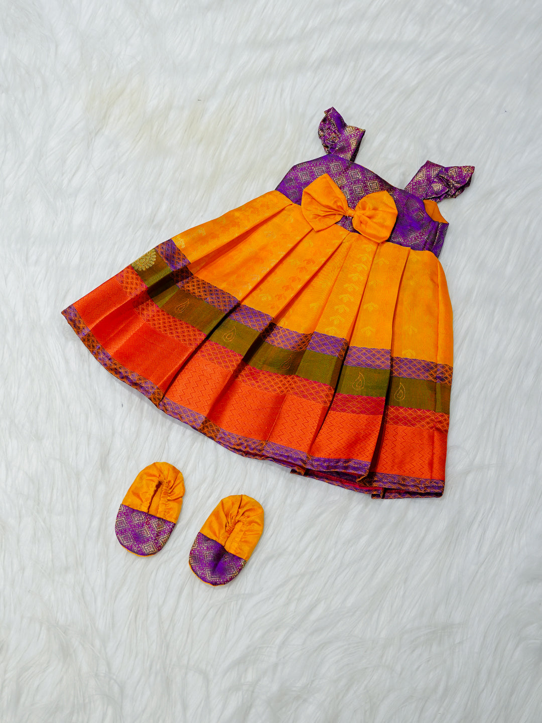 Mango & Purple Silk Newborn Girl Gown with Booties
