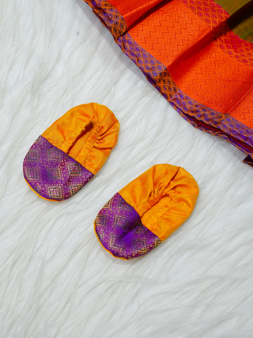 Mango & Purple Silk Newborn Girl Gown with Booties