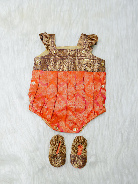 Orange & Bronze Brocade Newborn Girl Bubble Romper with Booties