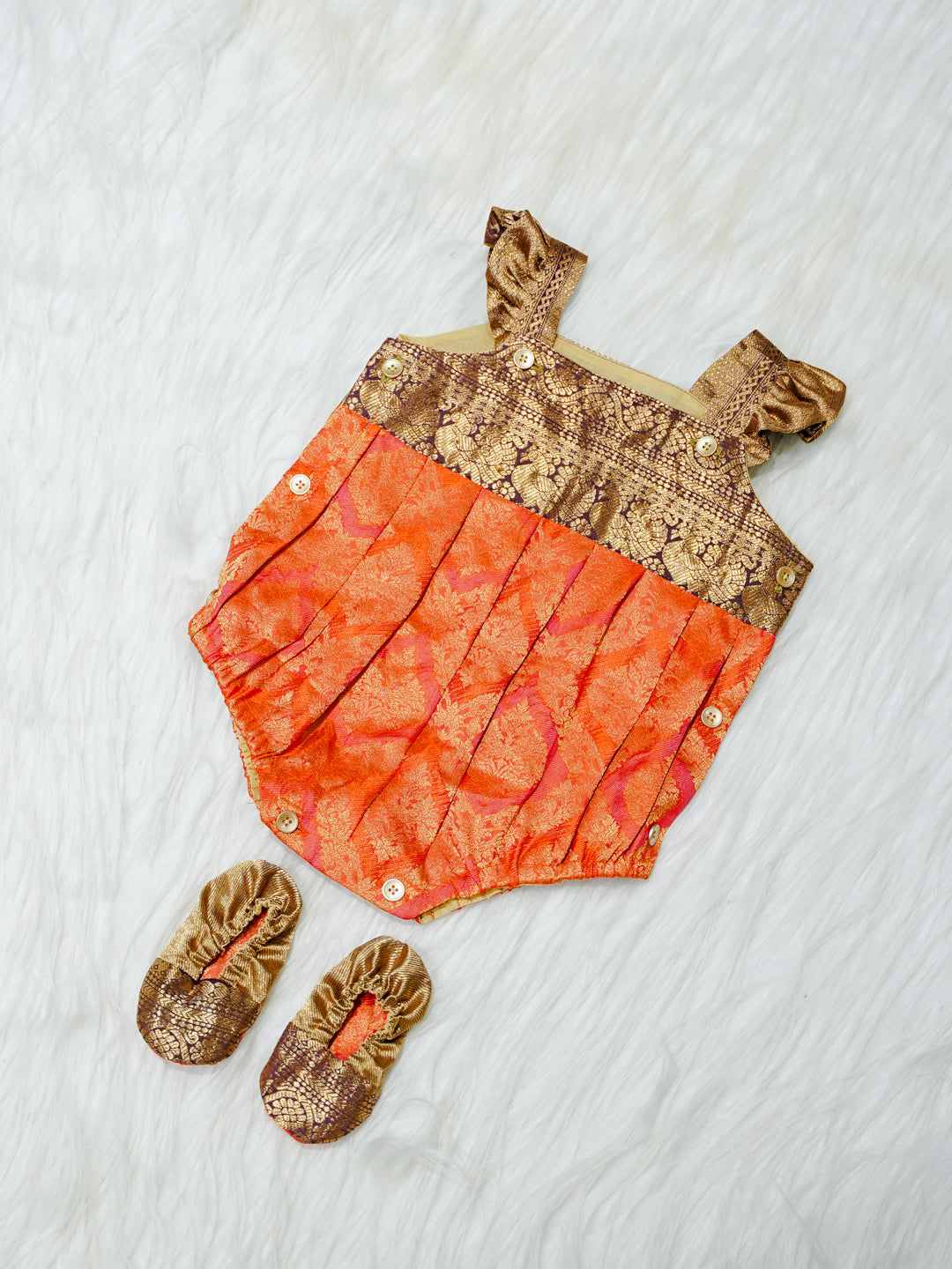 Orange & Bronze Brocade Newborn Girl Bubble Romper with Booties