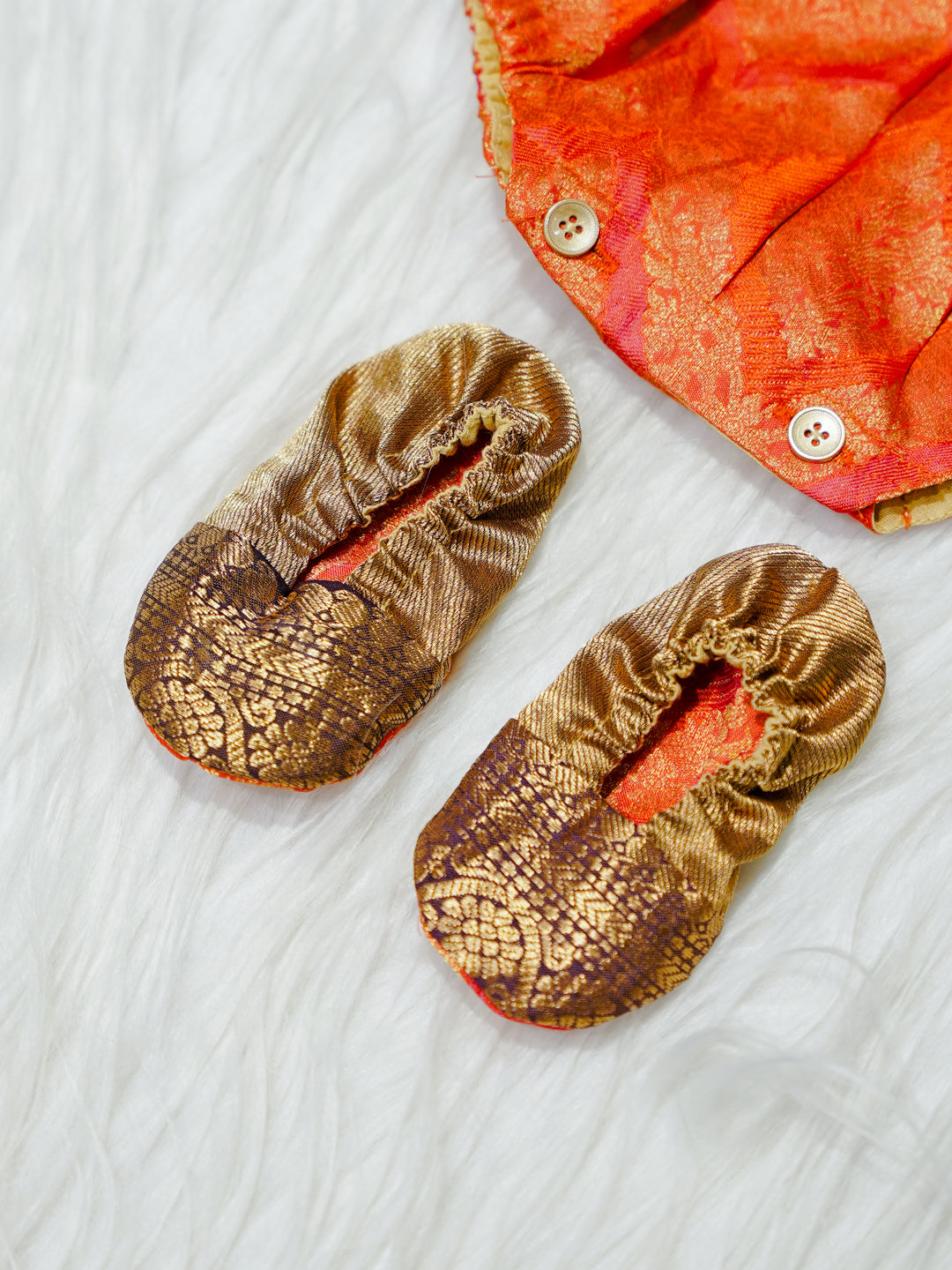 Orange & Bronze Brocade Newborn Girl Bubble Romper with Booties