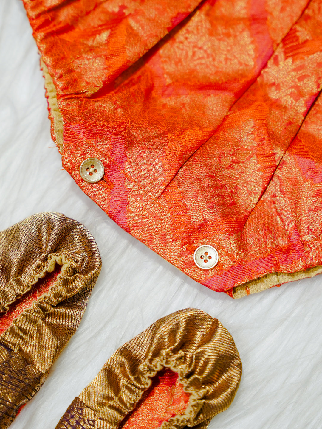 Orange & Bronze Brocade Newborn Girl Bubble Romper with Booties