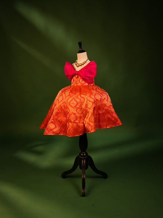 Orange & Raspberry Pink Bow Gown – Handcrafted with Beaded Embroidery & Jacquard Weave
